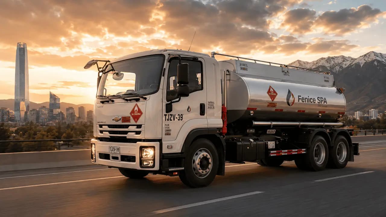 Camión cisterna de Fenice SPA distribuyendo combustible en Santiago, con la cordillera al atardecer