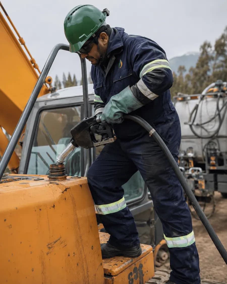 Operario de Fenice SPA cargando petróleo diesel directamente al estanque de una maquinaria