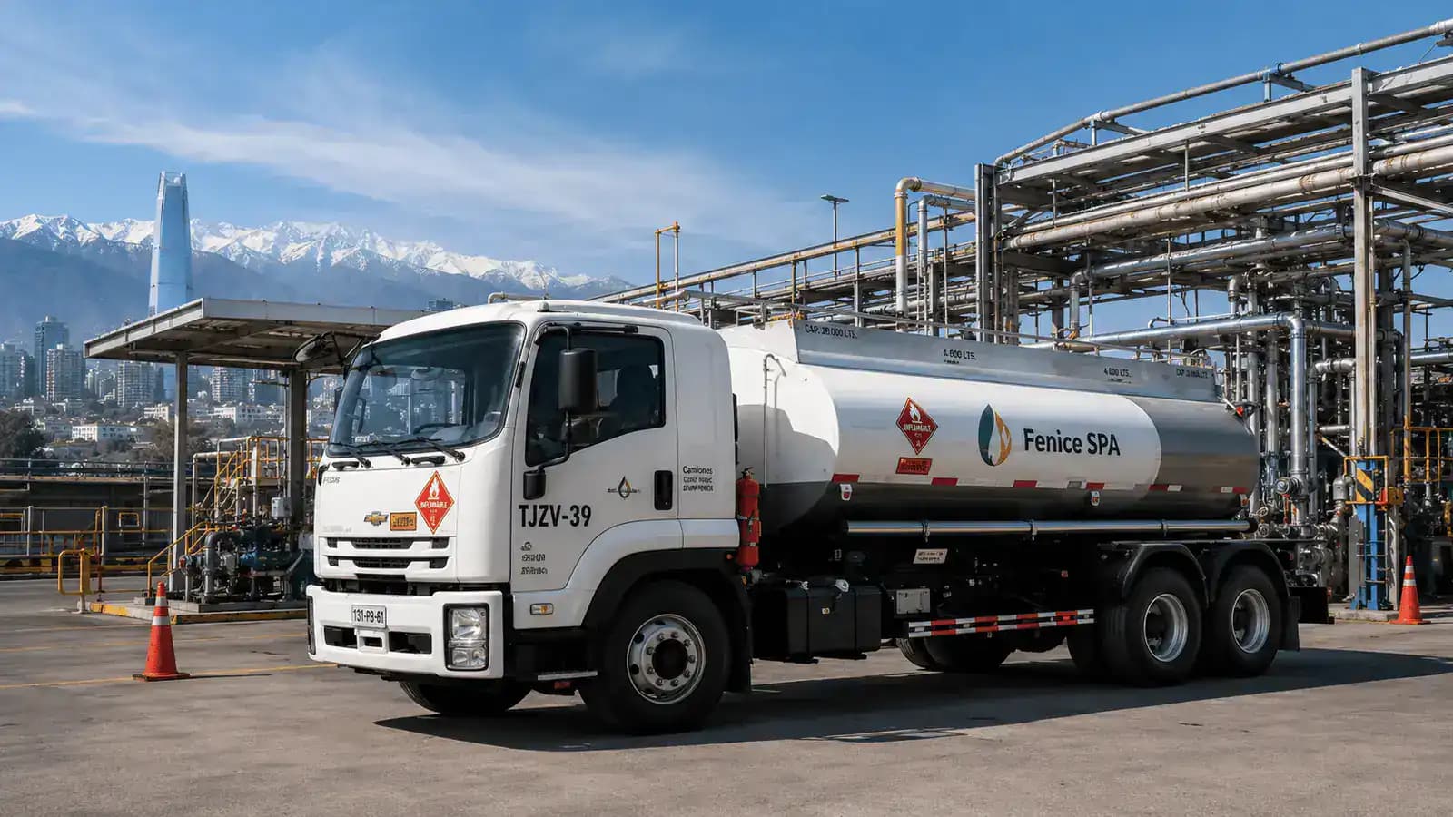 Camión estanque de Fenice SPA cargando combustible en planta, con la cordillera de Santiago al fondo